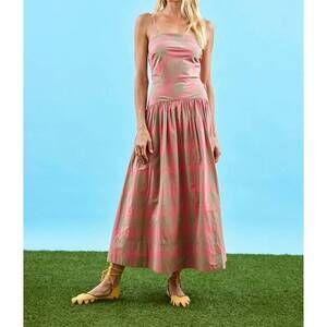 HUNTER BELL Pink and Olive Stripe Spaghetti‑Strap Midi Dress